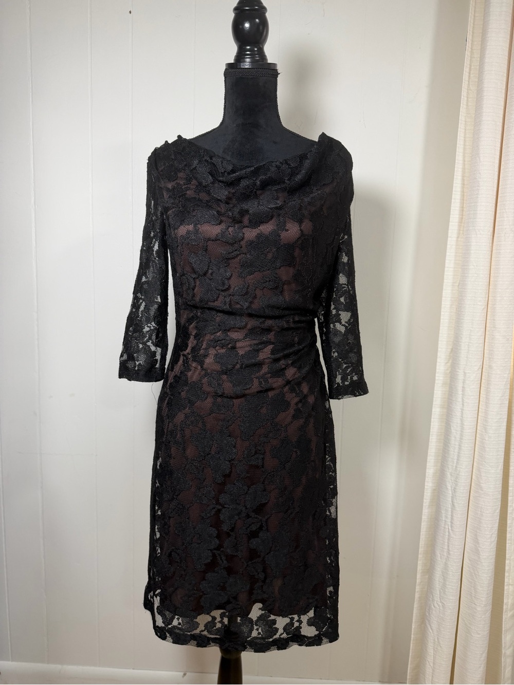 Coldwater Creek Black Lace Midi Sheath Dress with Nude Under-layer Size 4
